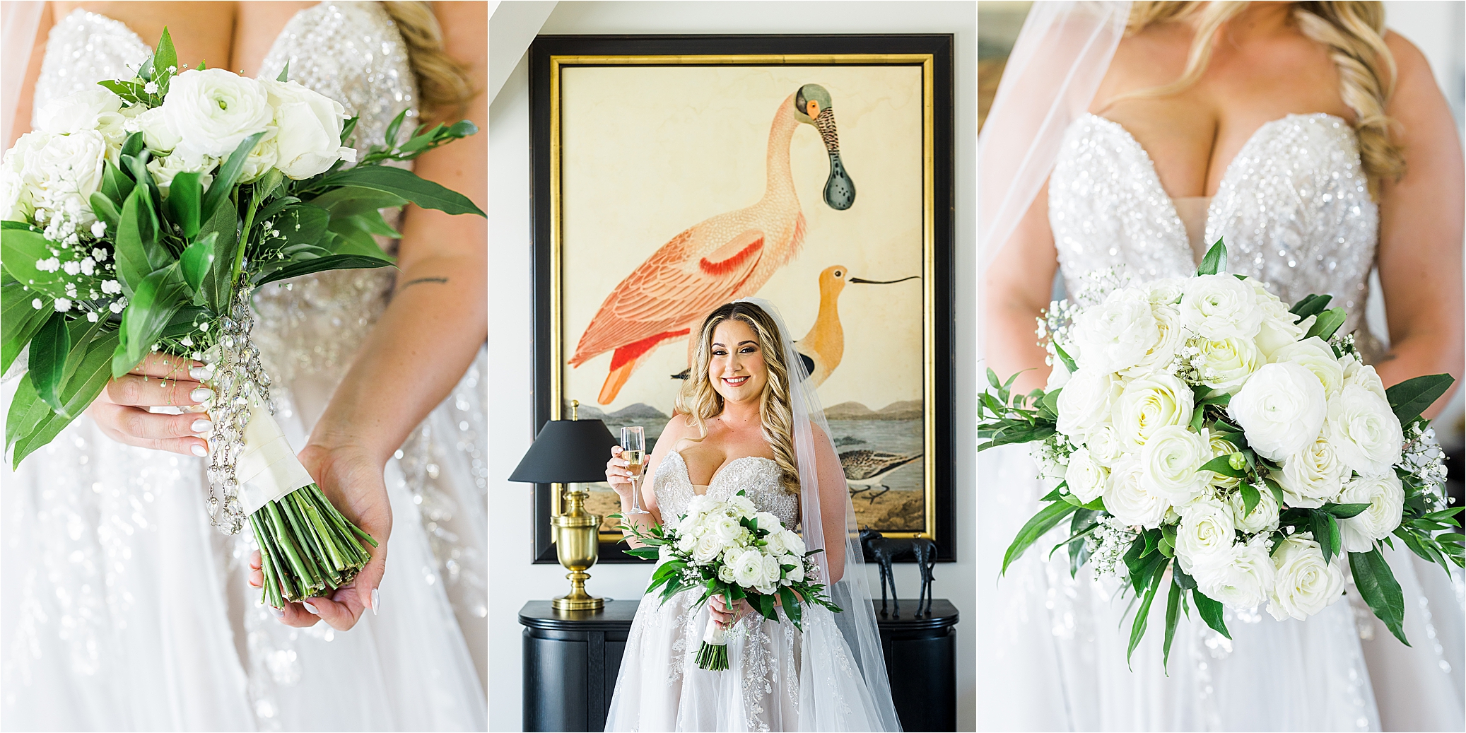 A bride drinks champagne on her wedding day at The Redberry Estate in San Antonio, Texas