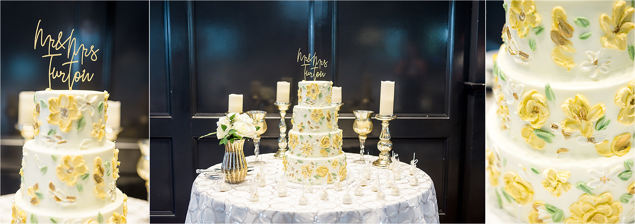 Wedding cake with yellow flowers at The Redberry Estate in San Antonio, Texas