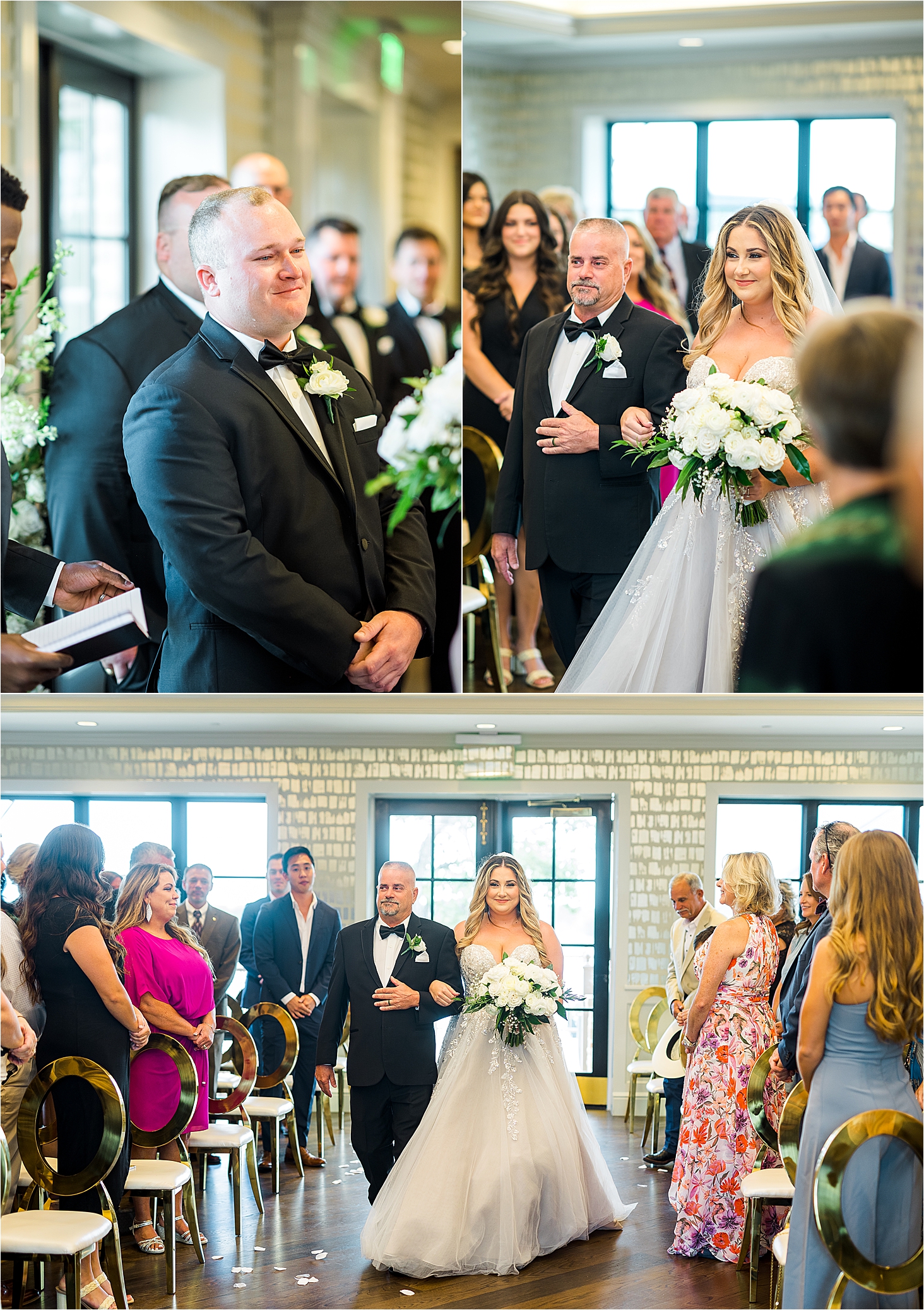 A groom sees his bride down the aisle for the first time at The Redberry Estate in San Antonio, Texas