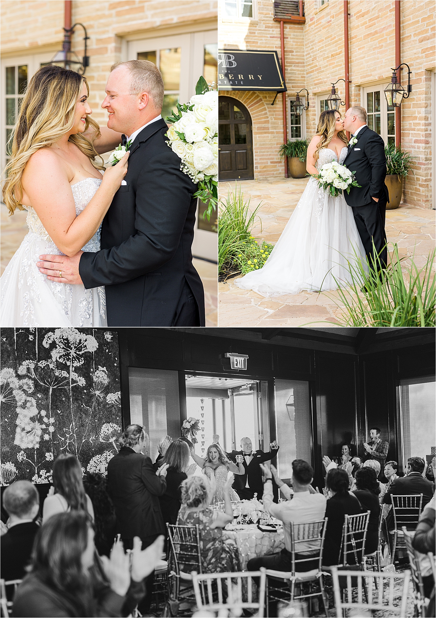 A bride and groom kiss in front of the redberry estate and happily enter their wedding reception. 