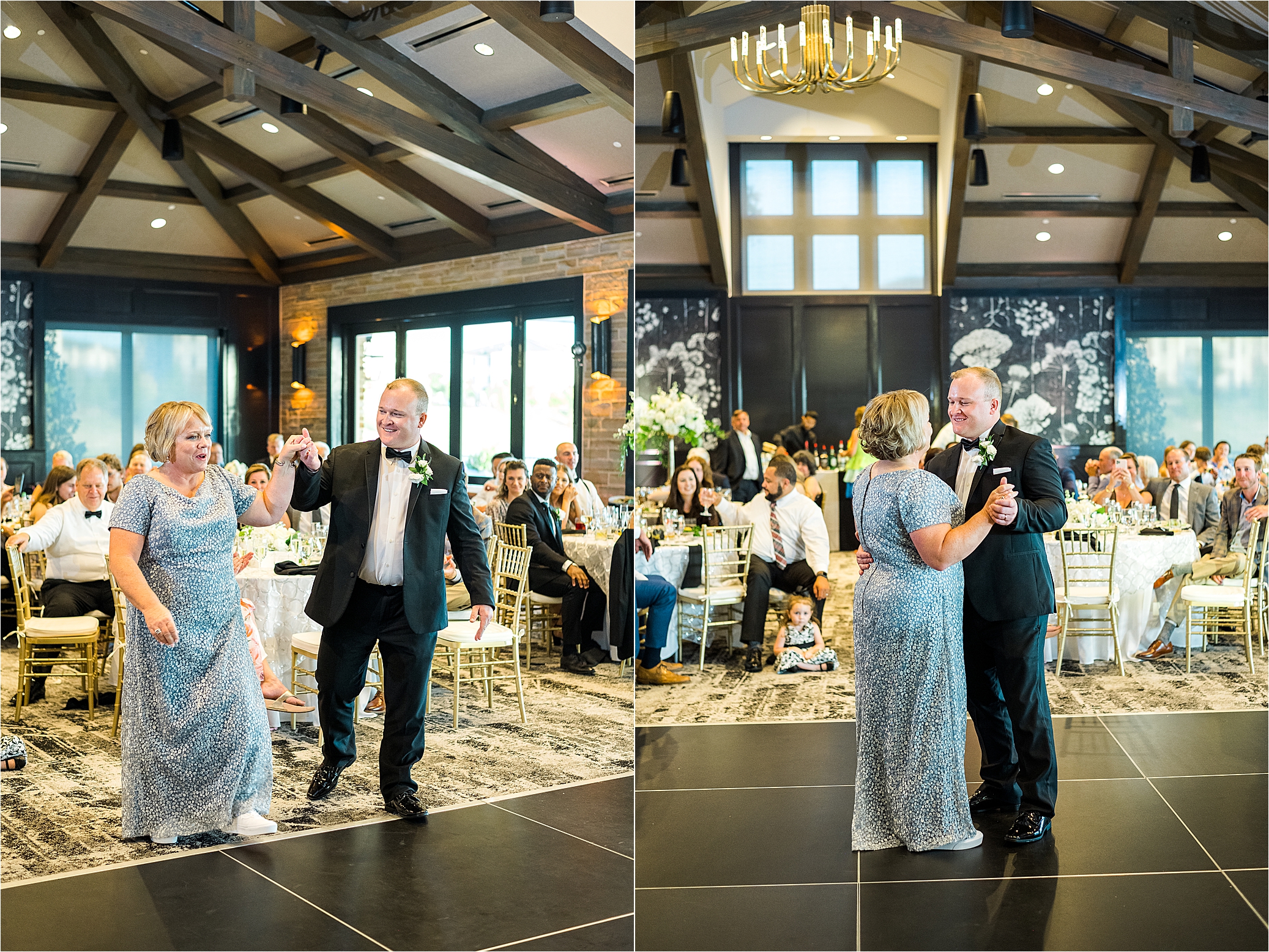 A groom shares a dance with his mom during his wedding reception at The Redberry Estate in San Antonio 