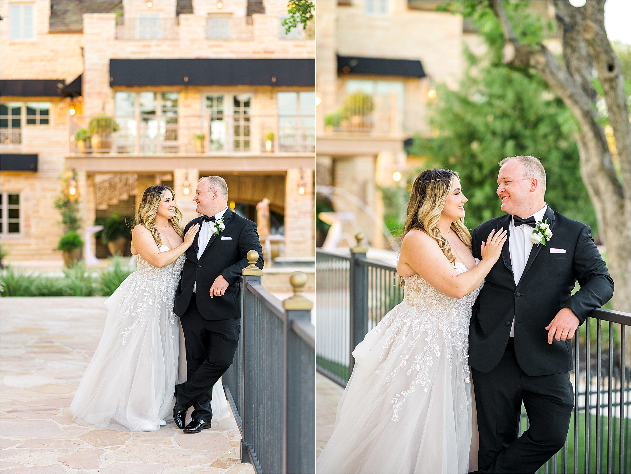 A bride and groom lean on the railing at The Redberry Estate in San Antonio, Texas