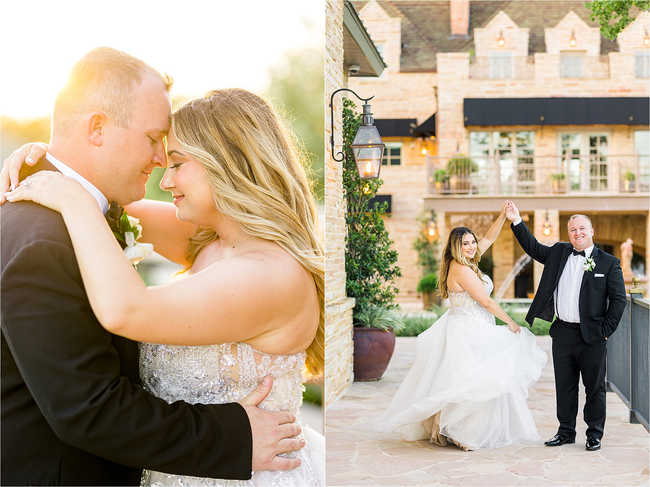 A newlywed couple embraces in front of sunset at The Redberry Estate in San Antonio, Texas
