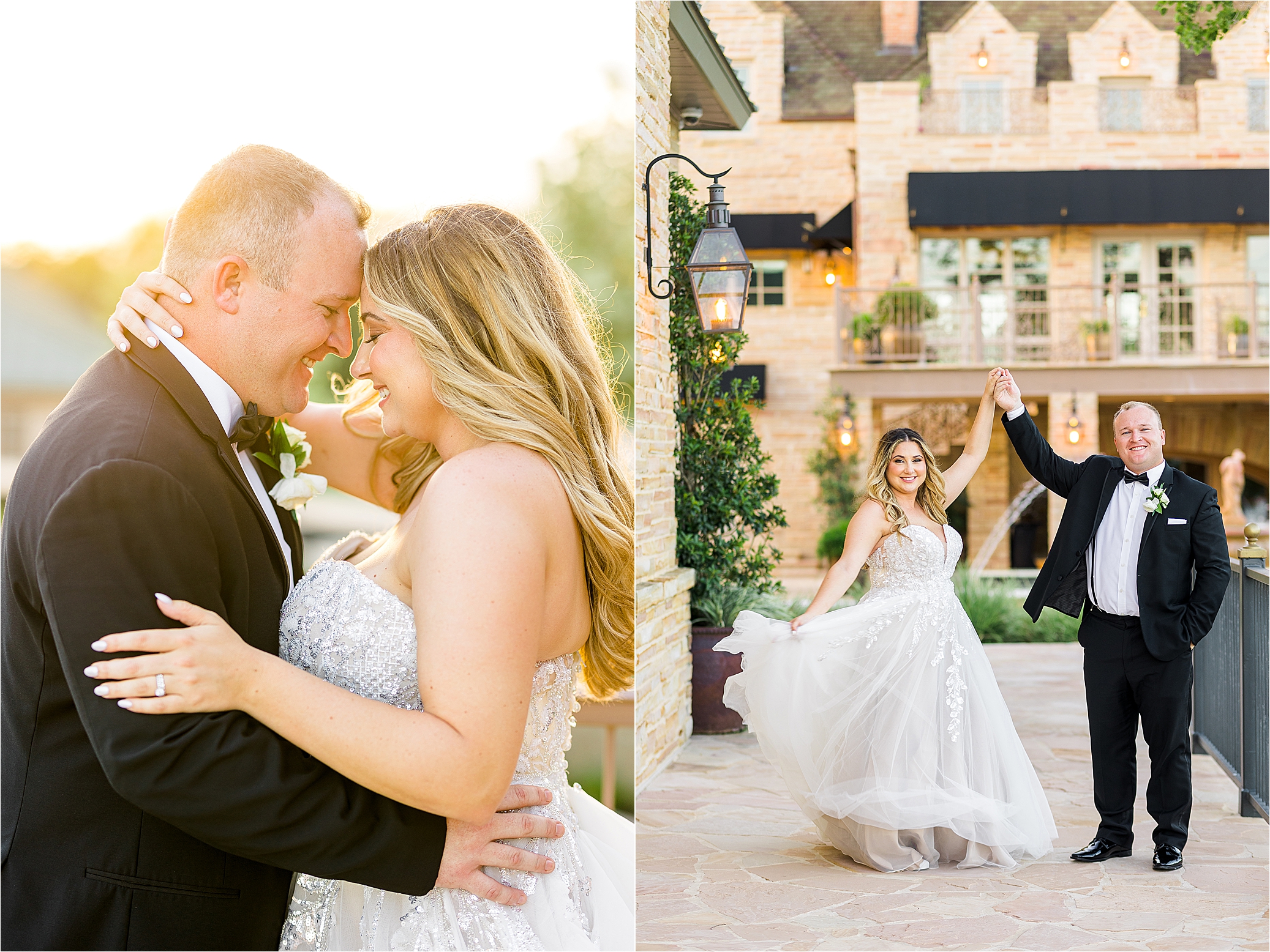 A couple and dances with the sunset behind them at The Redberry Estate in San Antonio, Texas 