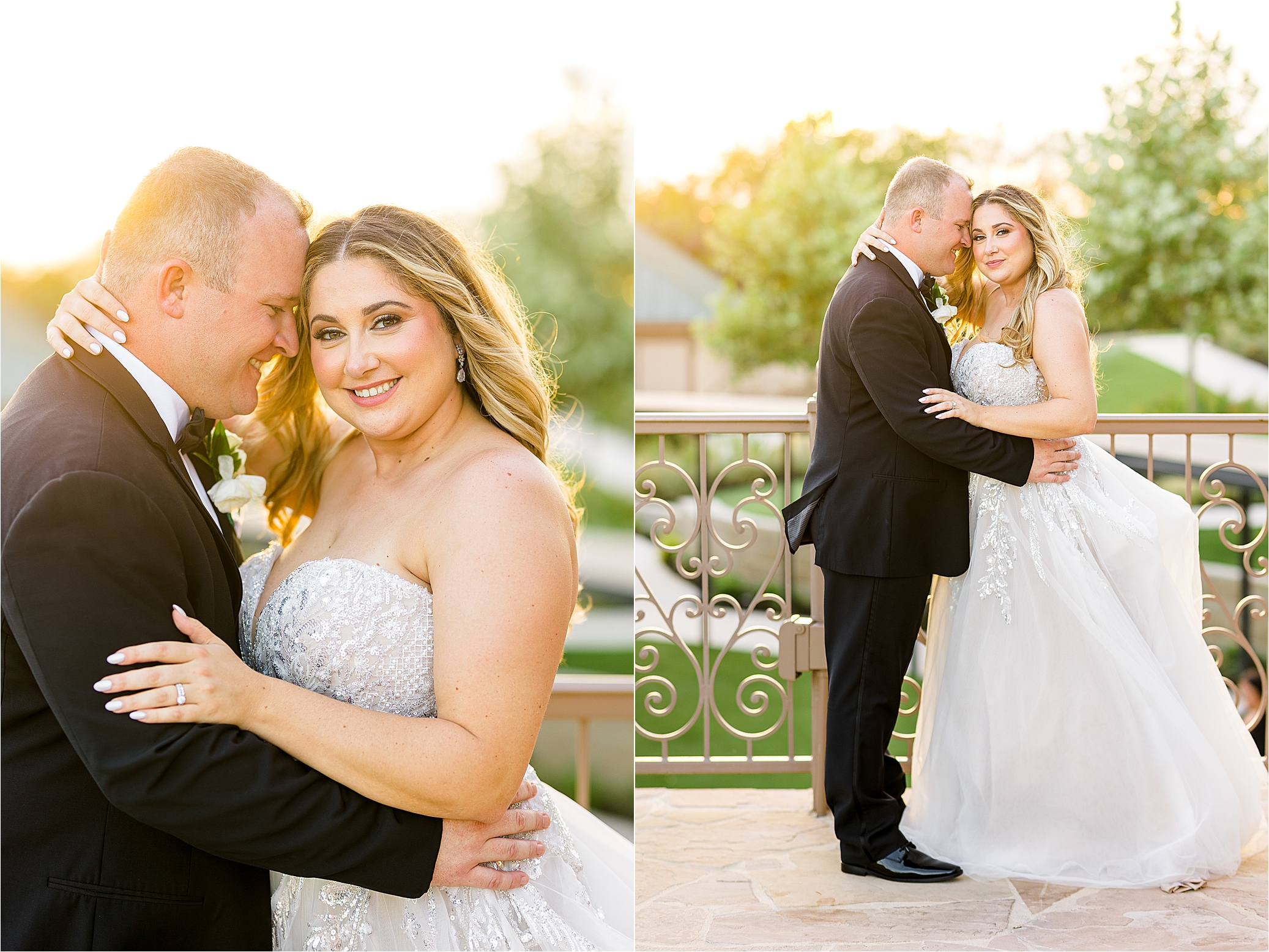 A bride leans into her groom and smiles during sunset newlywed photos on a balcony at The Redberry Estate in San Antonio, Texas