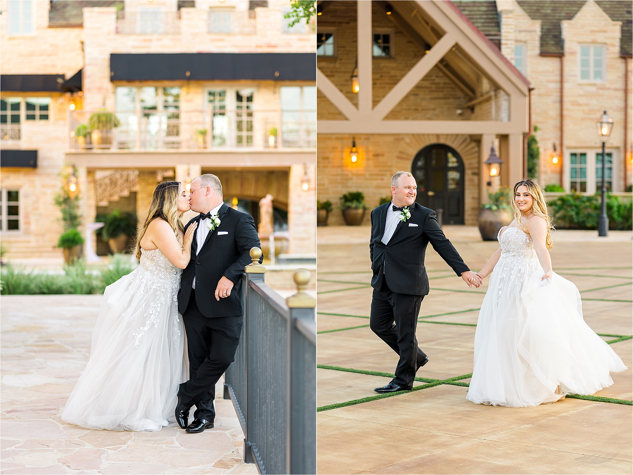 A bride and groom kiss outside at The Redberry Estate in San Antonio, Texas 