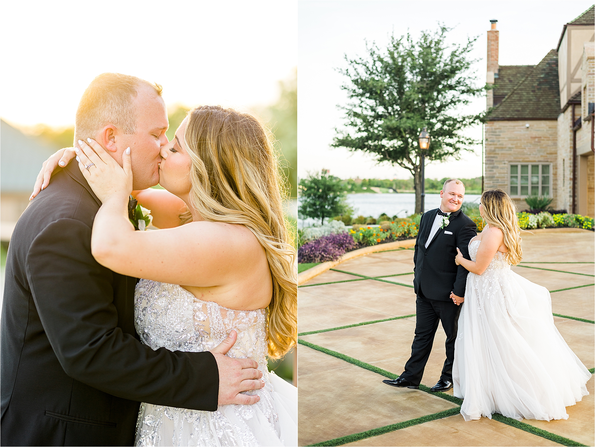 A bride and groom kiss in front of the sunset at The Redberry Estate in San Antonio, Texas 
