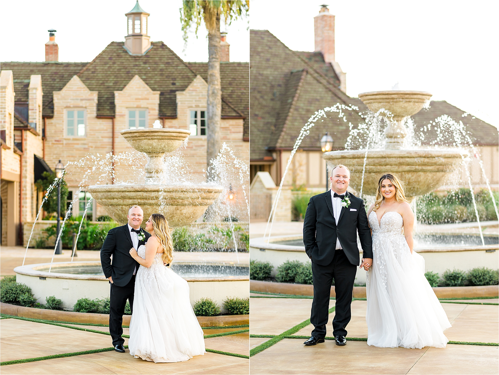 A newlywed couple olds hands in front of a large fountain at The Redberry Estate in San Antonio, Texas 