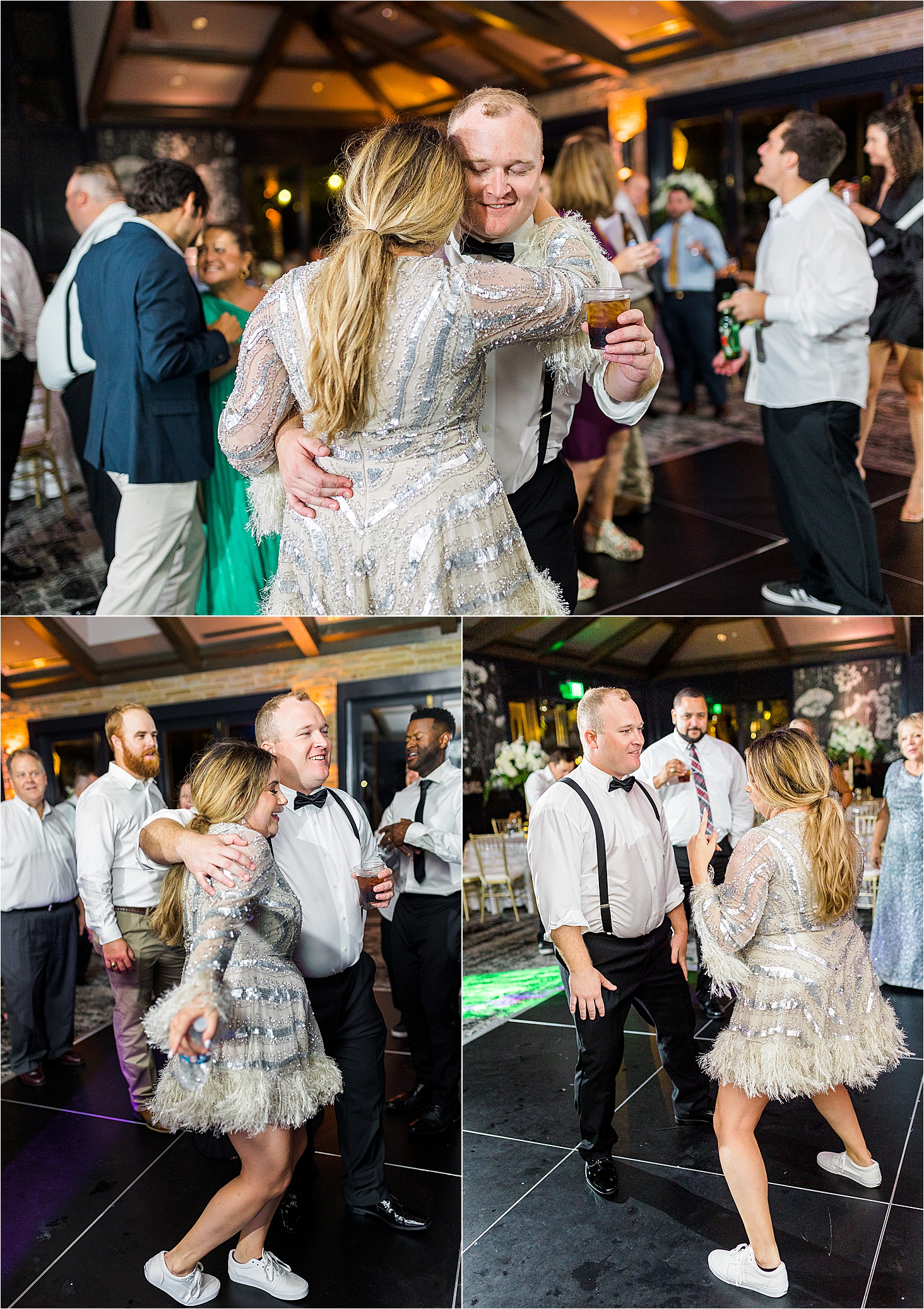 A bride and groom drinking and having fun on the dance floor at The Redberry Estate 