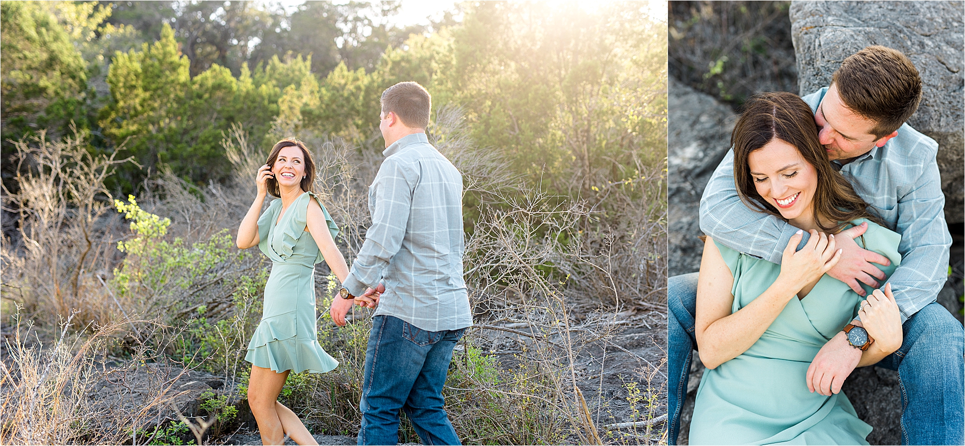 An engaged couple holds hands during their Texas Hill Country engagement at Pedernales Falls near Austin, Texas.