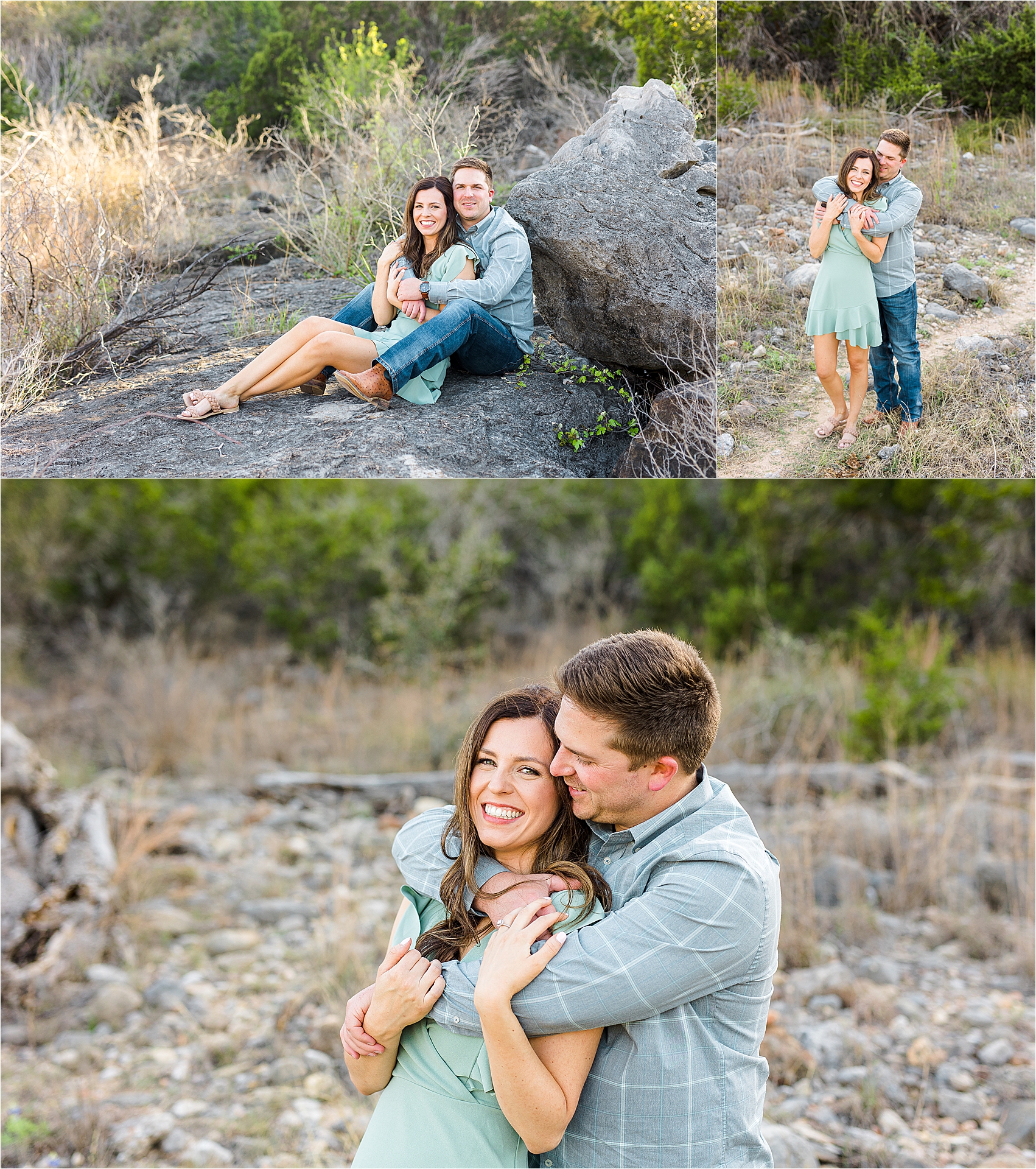 An engaged couple cuddles close during their Austin Texas Engagement at Pedernales Falls State Park.