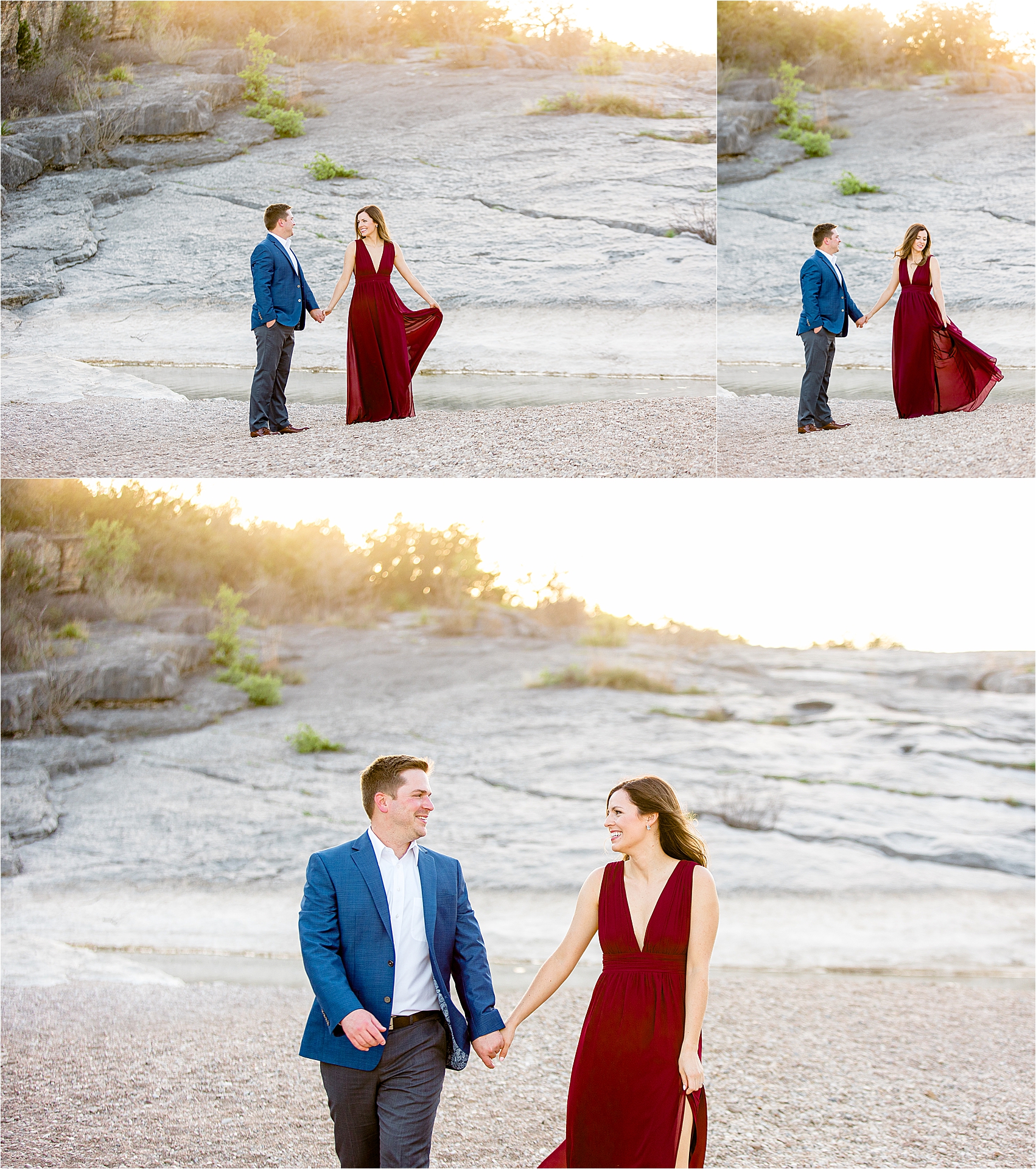 A couple walks along beautiful white rocks with sunset behind them during their Texas Hill Country Engagement Session with Austin Wedding Photographer Jillian Hogan 
