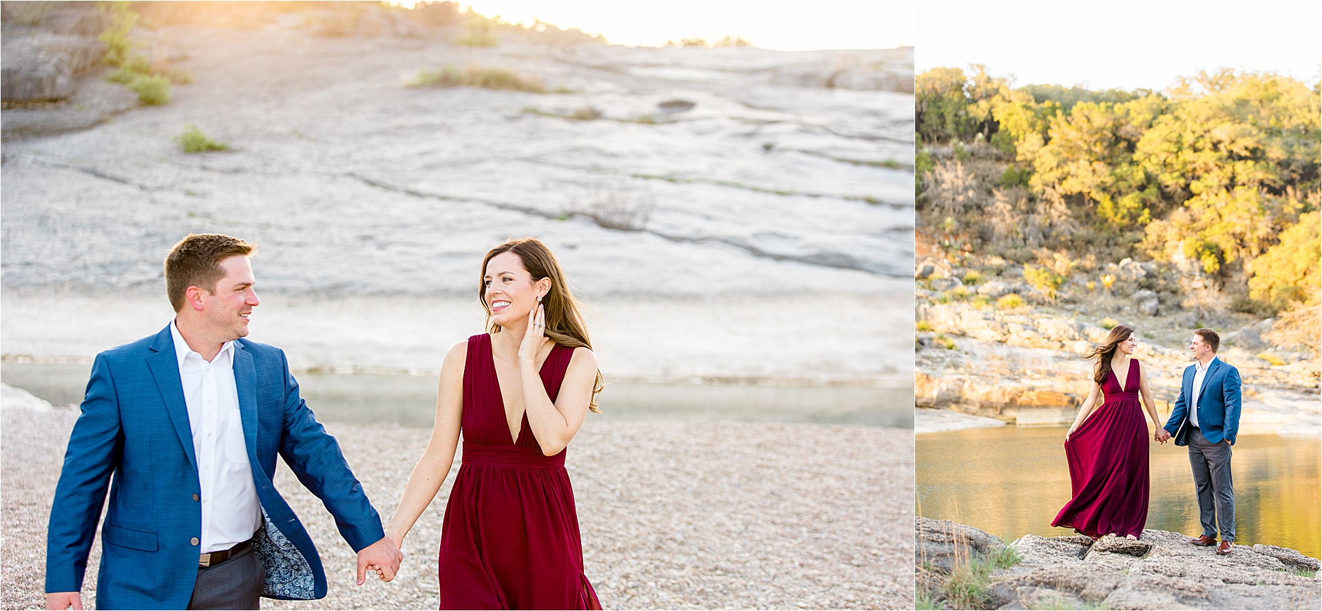 A couple holds hands in front of the beautiful white rocks during their Texas Hill Country Engagement Session with Jillian Hogan Photography 