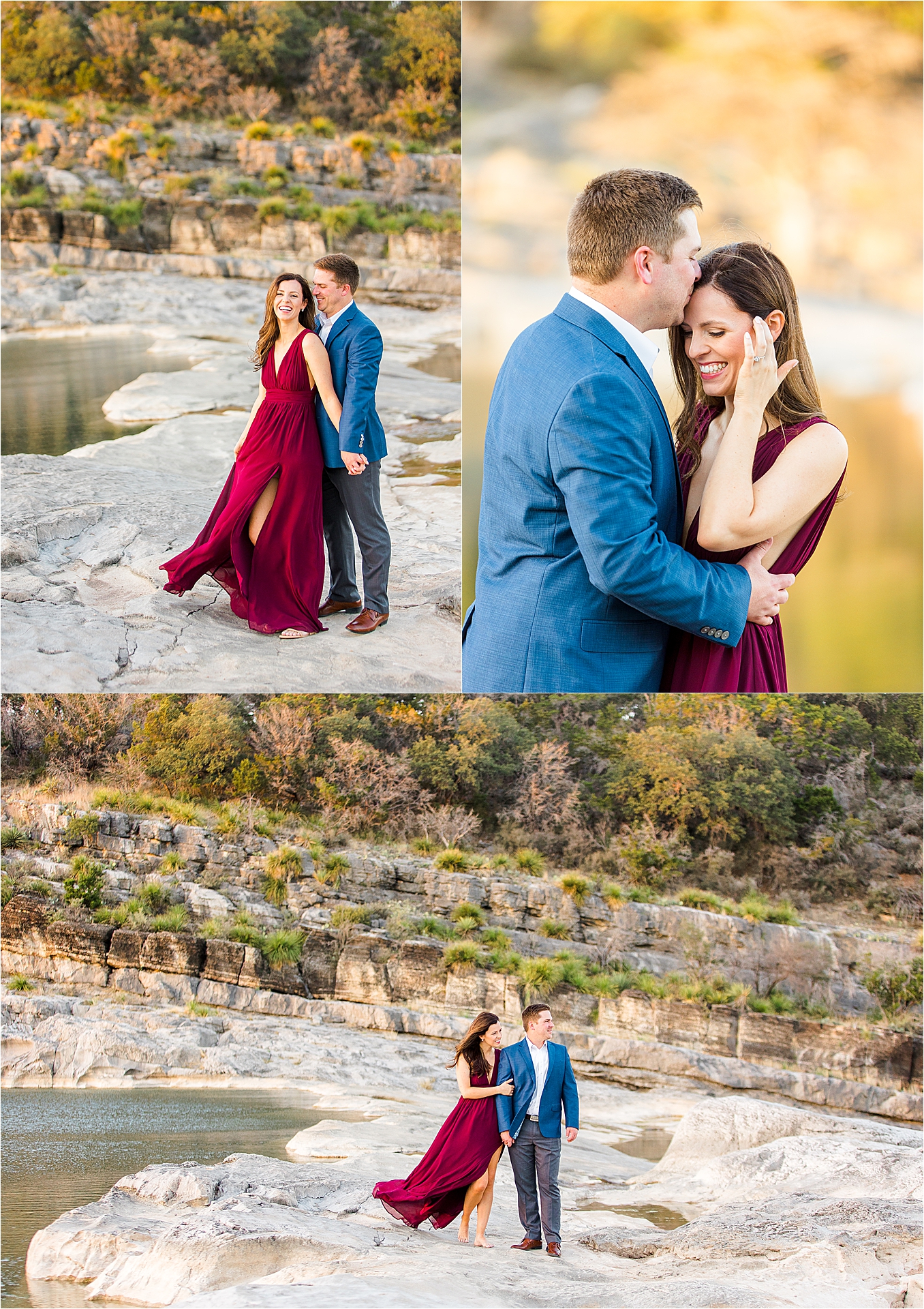 A couple laughs and embraces next to Pedernales Falls during their Texas Hill Country Engagement Session with Jillian Hogan Photography 