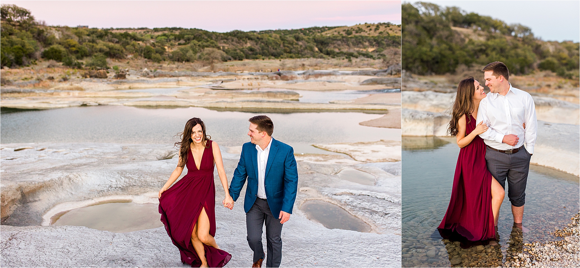 An engaged couple plays in the water during their Texas Hill Country Engagement Session at Pedernales Falls State Park 