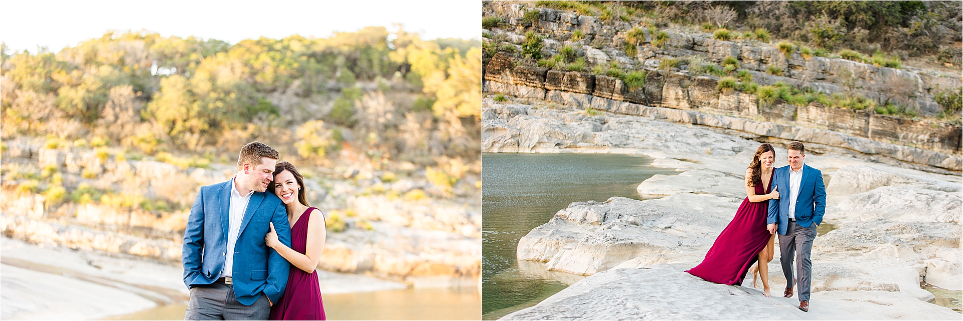 An engaged. couple snuggles close during their Pedernales Falls State Park Engagement Session 