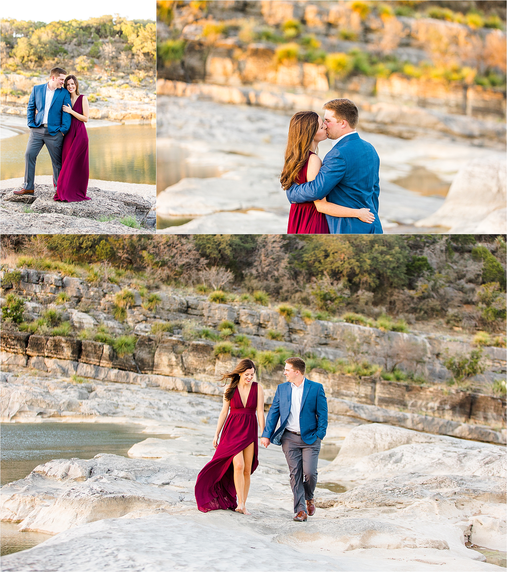 A couple shares a Kiss during sunset at their Texas Hill Country Engagement at Pedernales Falls State Park 