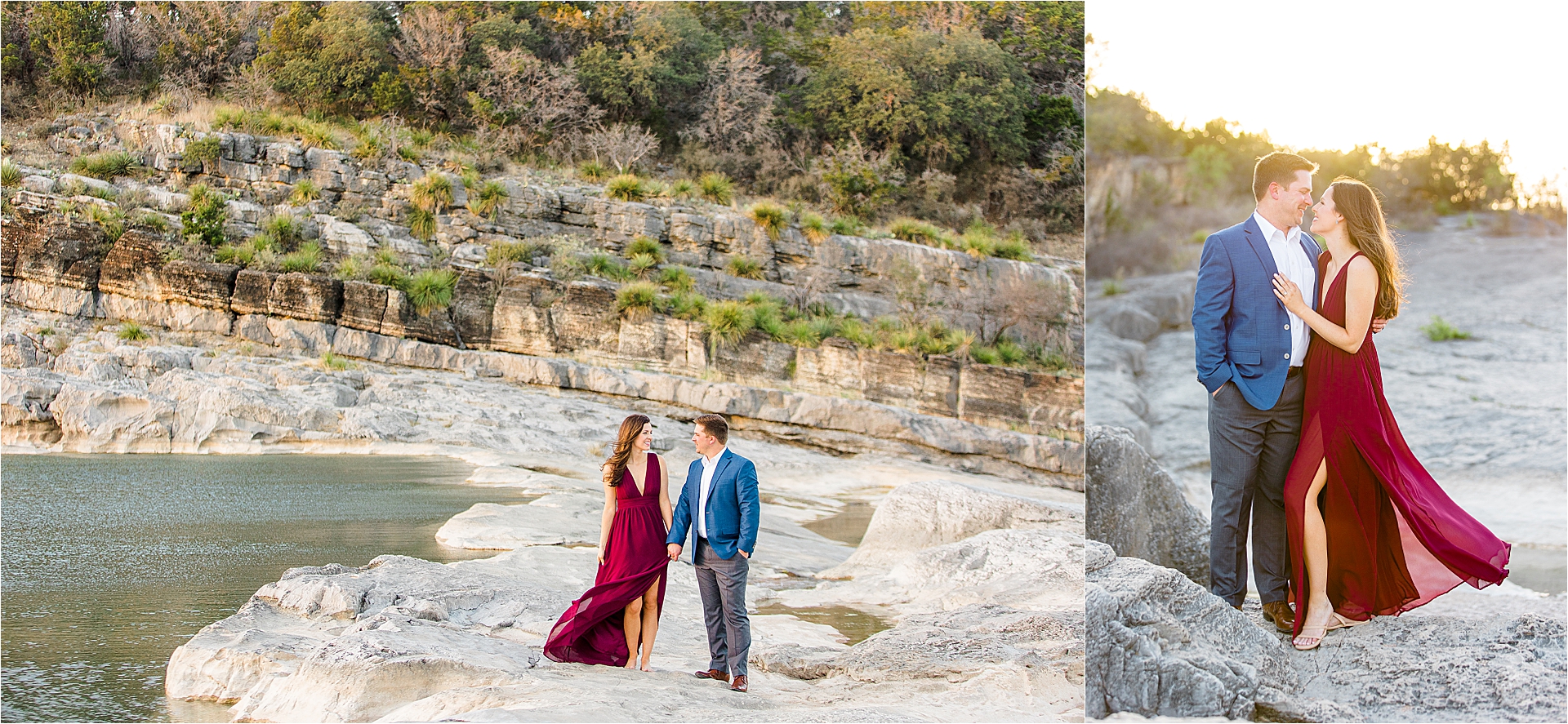 An engaged couple walks along large rocks with cliffs and trees in the backdrop during their Austin Texas Engagement Session with Jillian Hogan Photography 