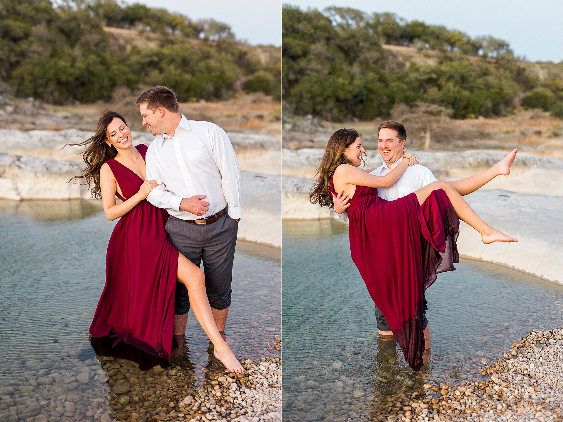 A couple gets in the water during their Texas Hill Country Engagement Session at Pedernales Falls State Park with Jillian Hogan Photography