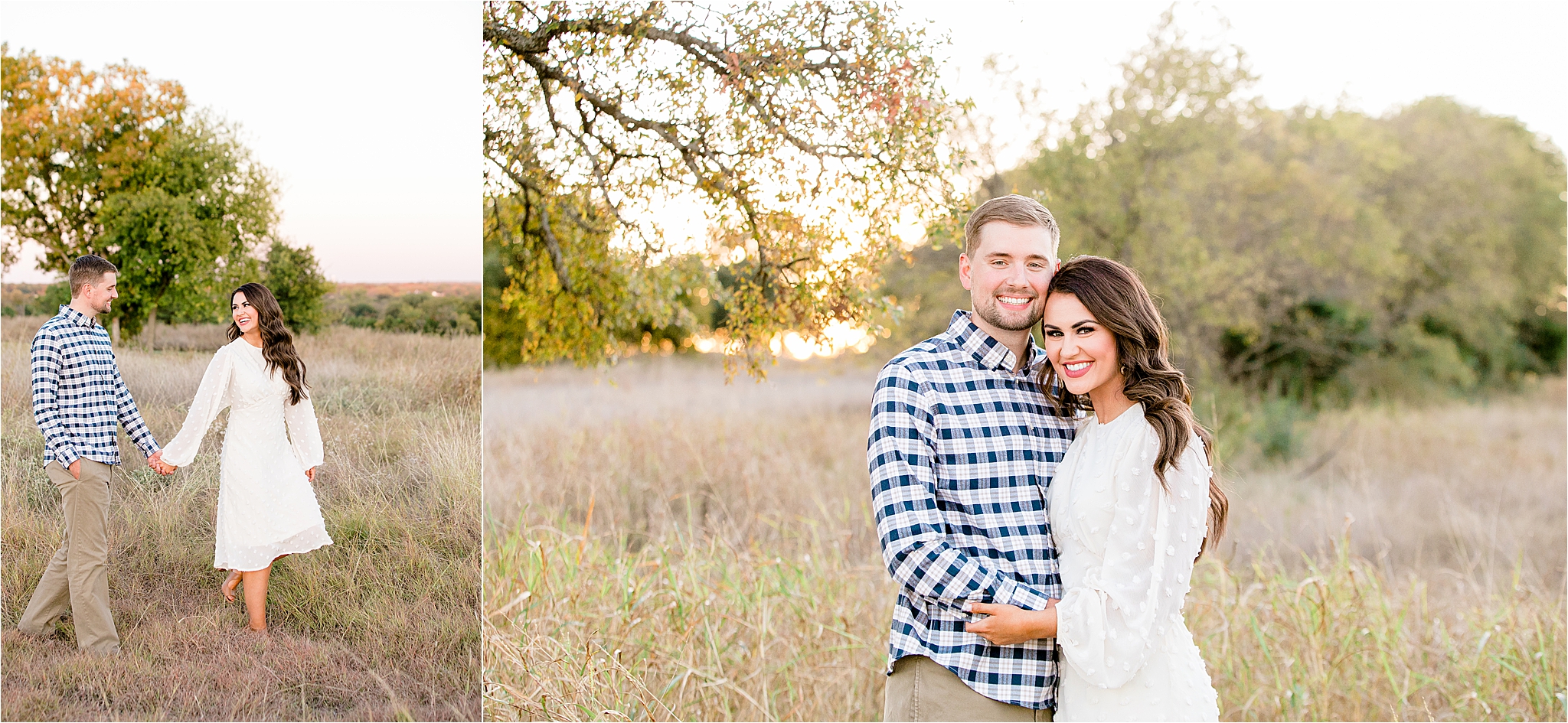 An engaged couple who will marry at villa di Felicita in Tyler, Texas embraces in a field at sunset for the fall engagement session