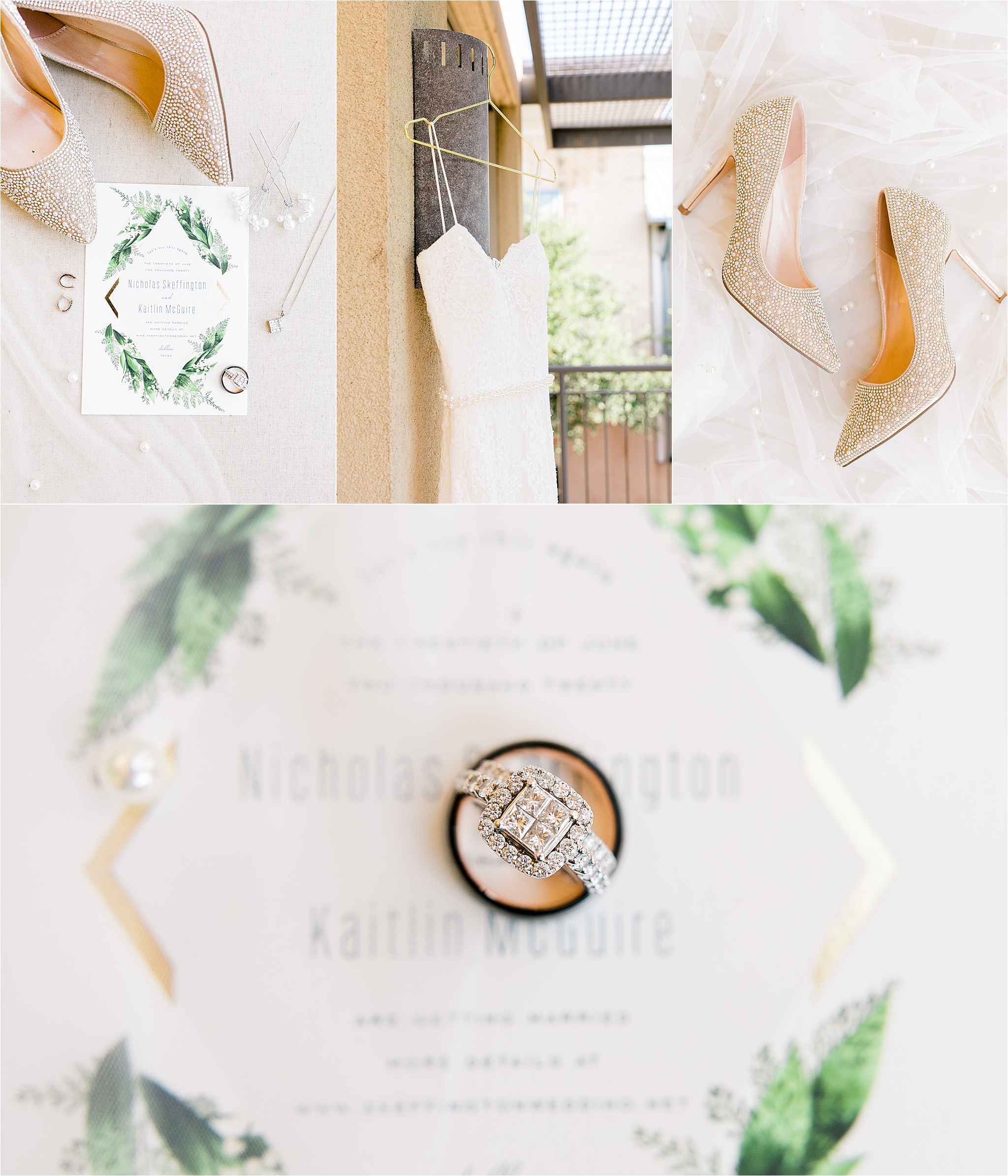 Neutral Wedding details including sparkly shoes, a wedding dress on a gold hanger and a close up of the wedding bands at Marriott Legacy