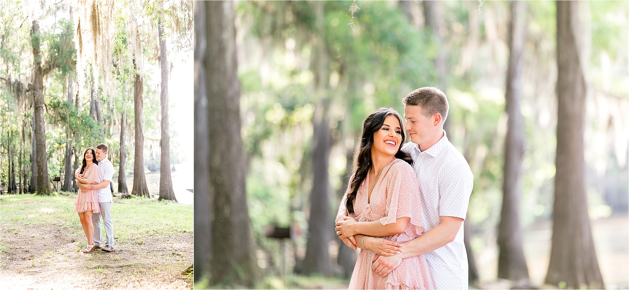 A couple embraces under the trees at Caddo Lake State Park