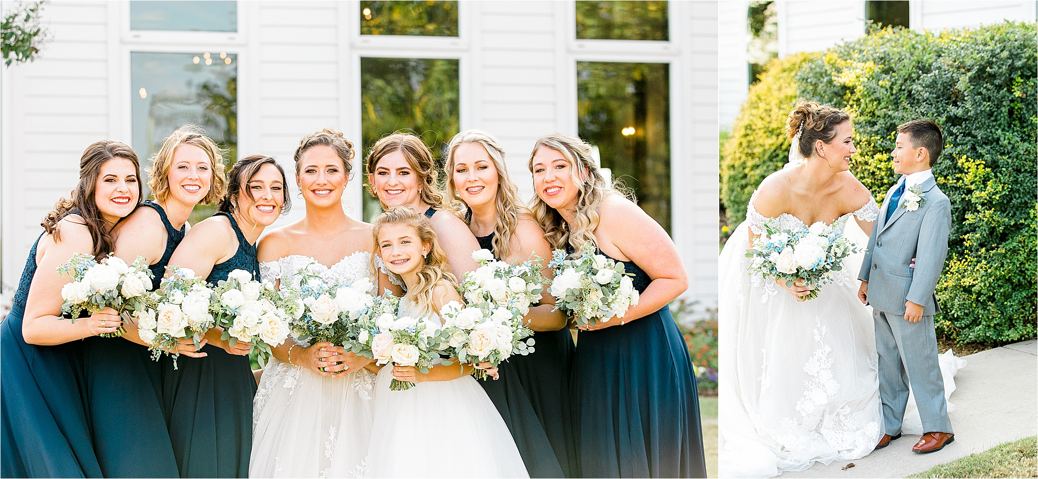 A bride and her bridesmaids pose cheek to cheek and a bride to be hugs her son at Rustic Grace Estate