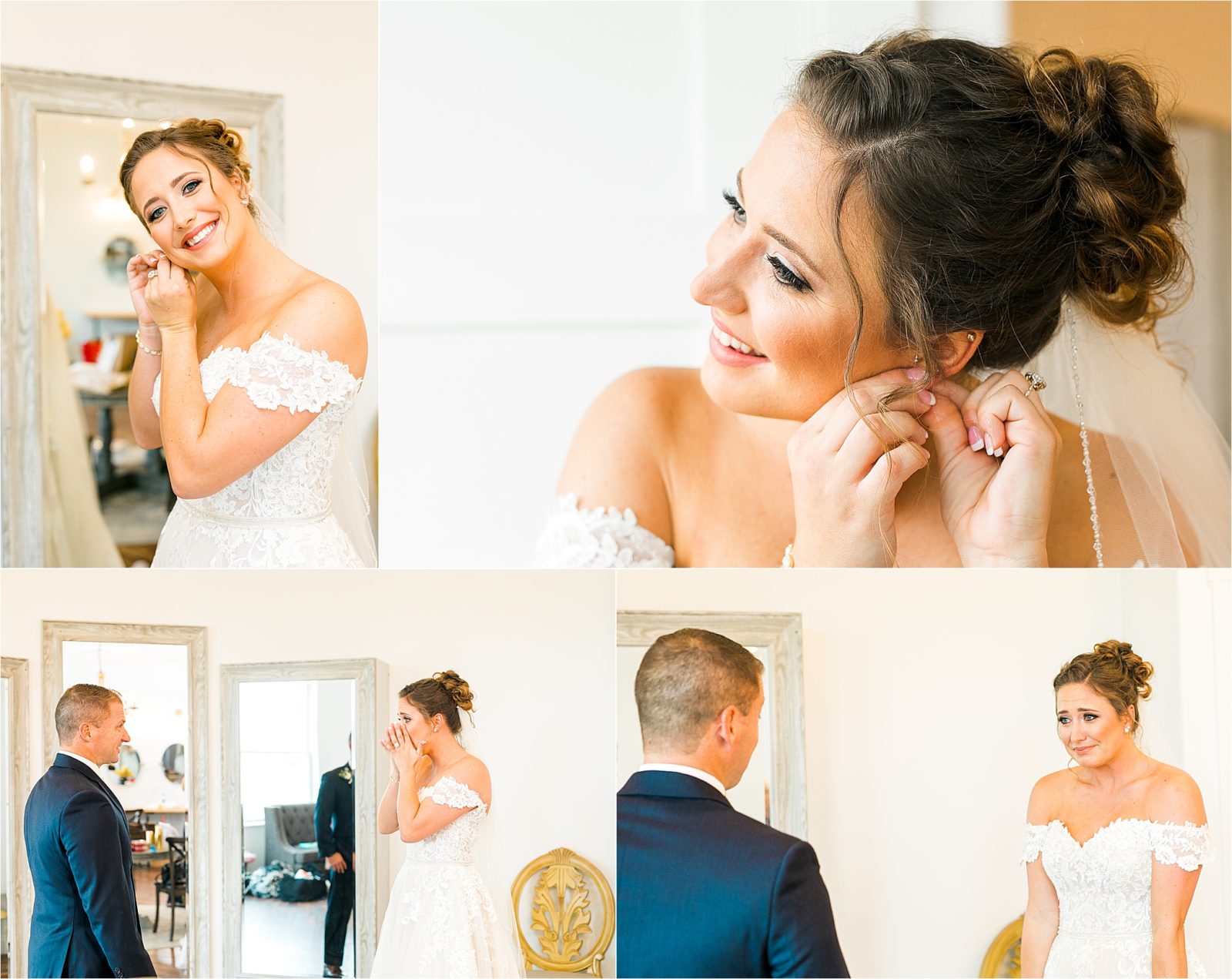 A bride to be smiles as she puts on her wedding day earrings and shares a first look moment with her father at Rustic Grace Estate 