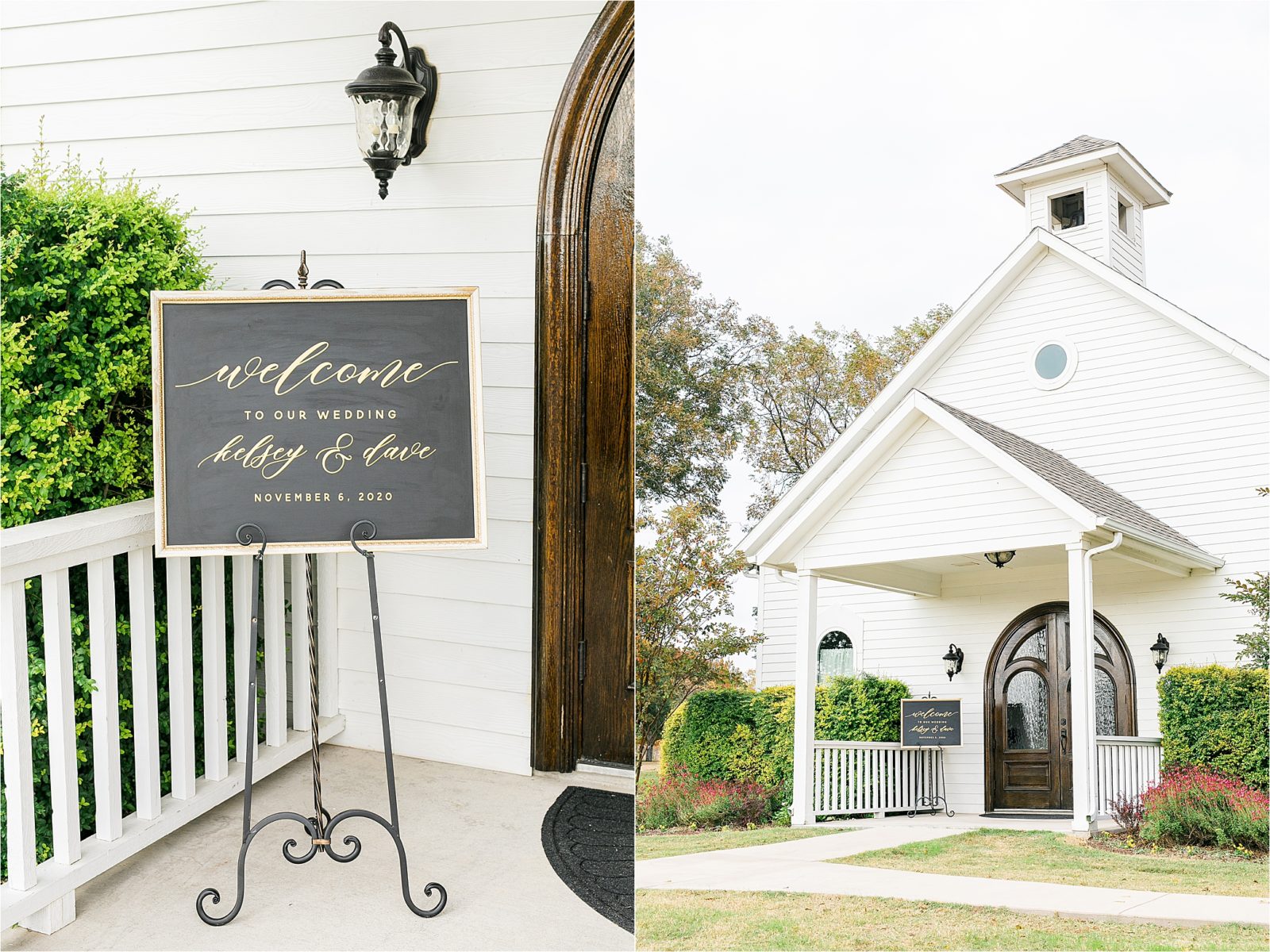 A Welcome sign in front of a white chapel just before a ceremony at Rustic Grace Estate in Van Alstyne, Texas 