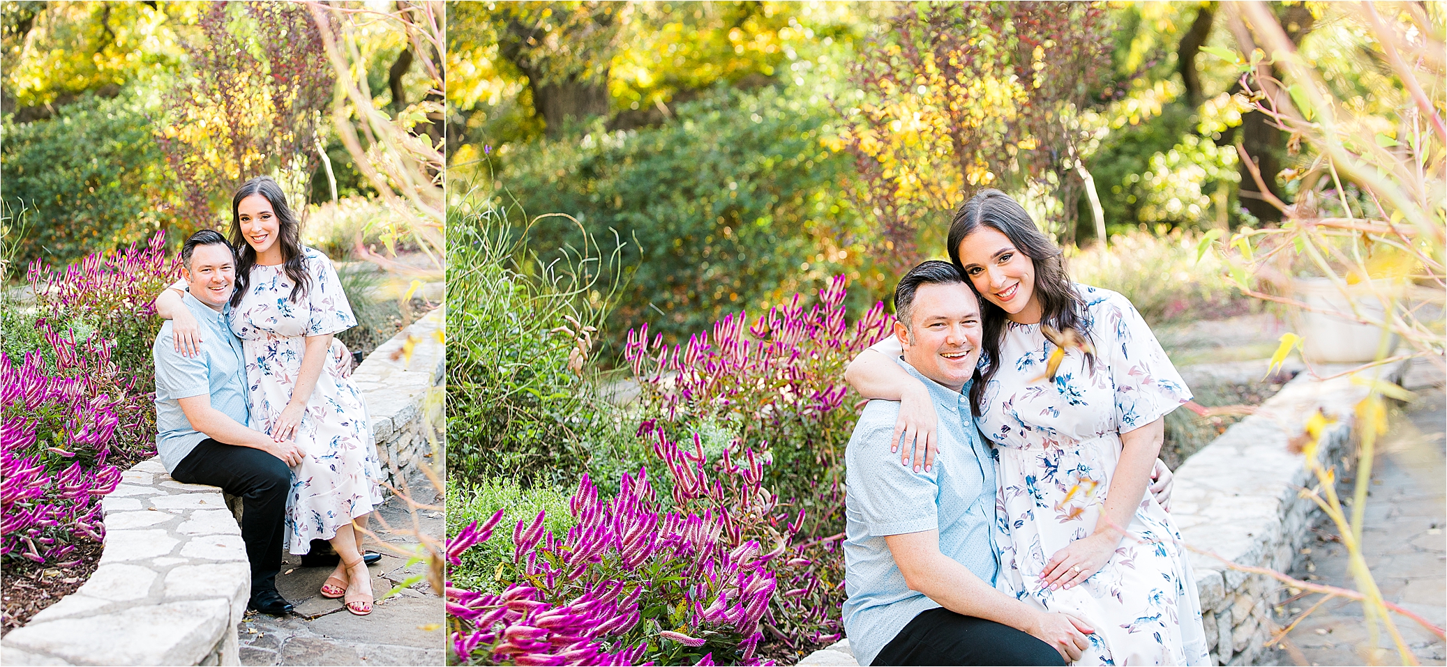 An engaged couple hugging and sitting on a stone wall in front of purple flowers at The Fort Worth Botanic Gardens during the engagement session with DFW Wedding Photographer Jillian Hogan 