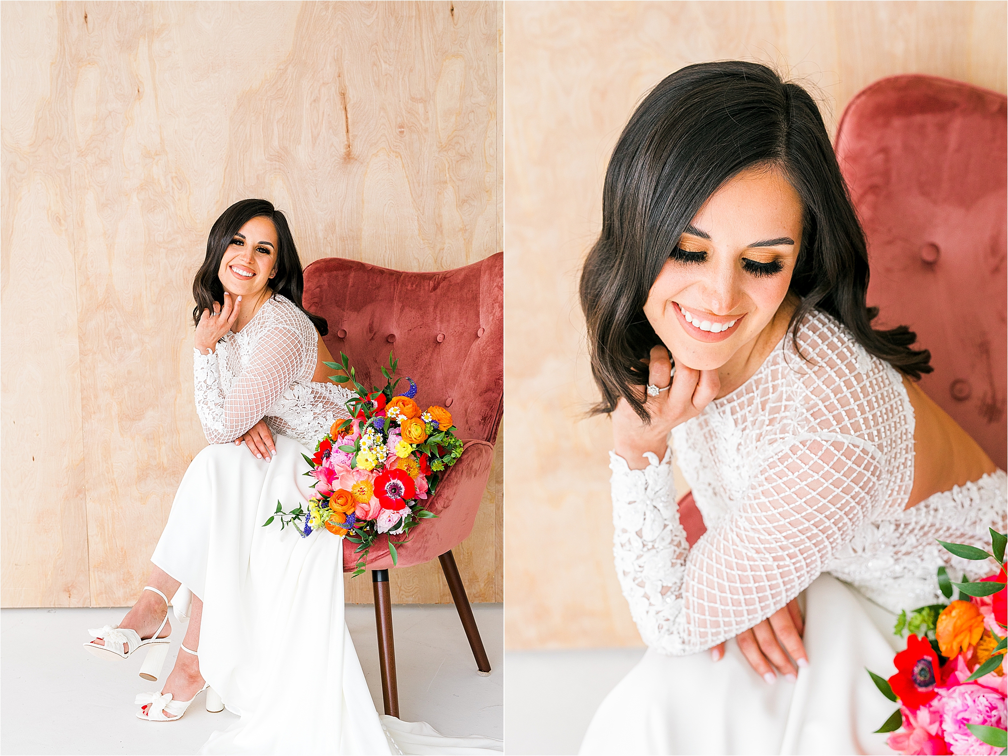 Bride Sitting in a pink chair for her bright, studio bridal session 