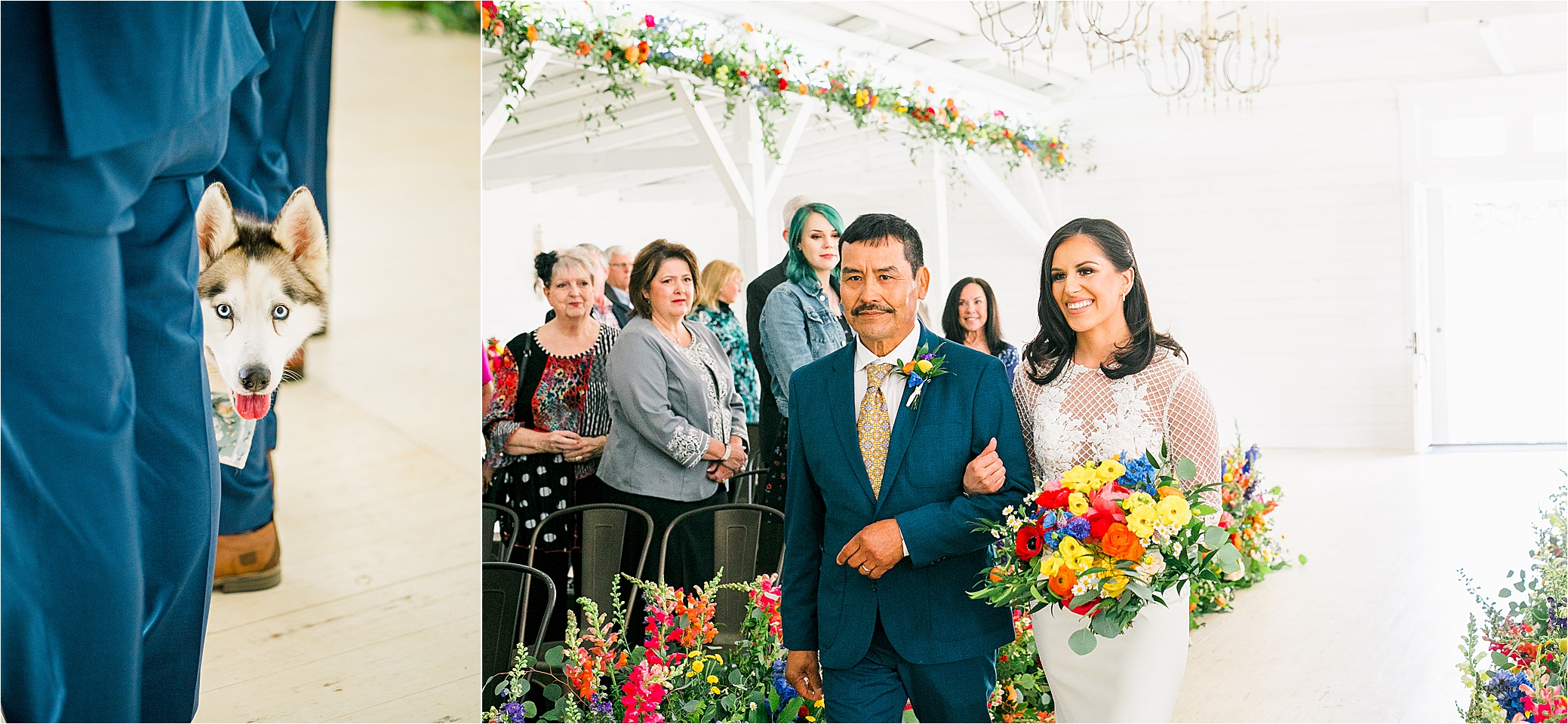 A bride walks down the aisle with her dad and colorful bouquet while her husky peeks out behind the groomsman's leg. 