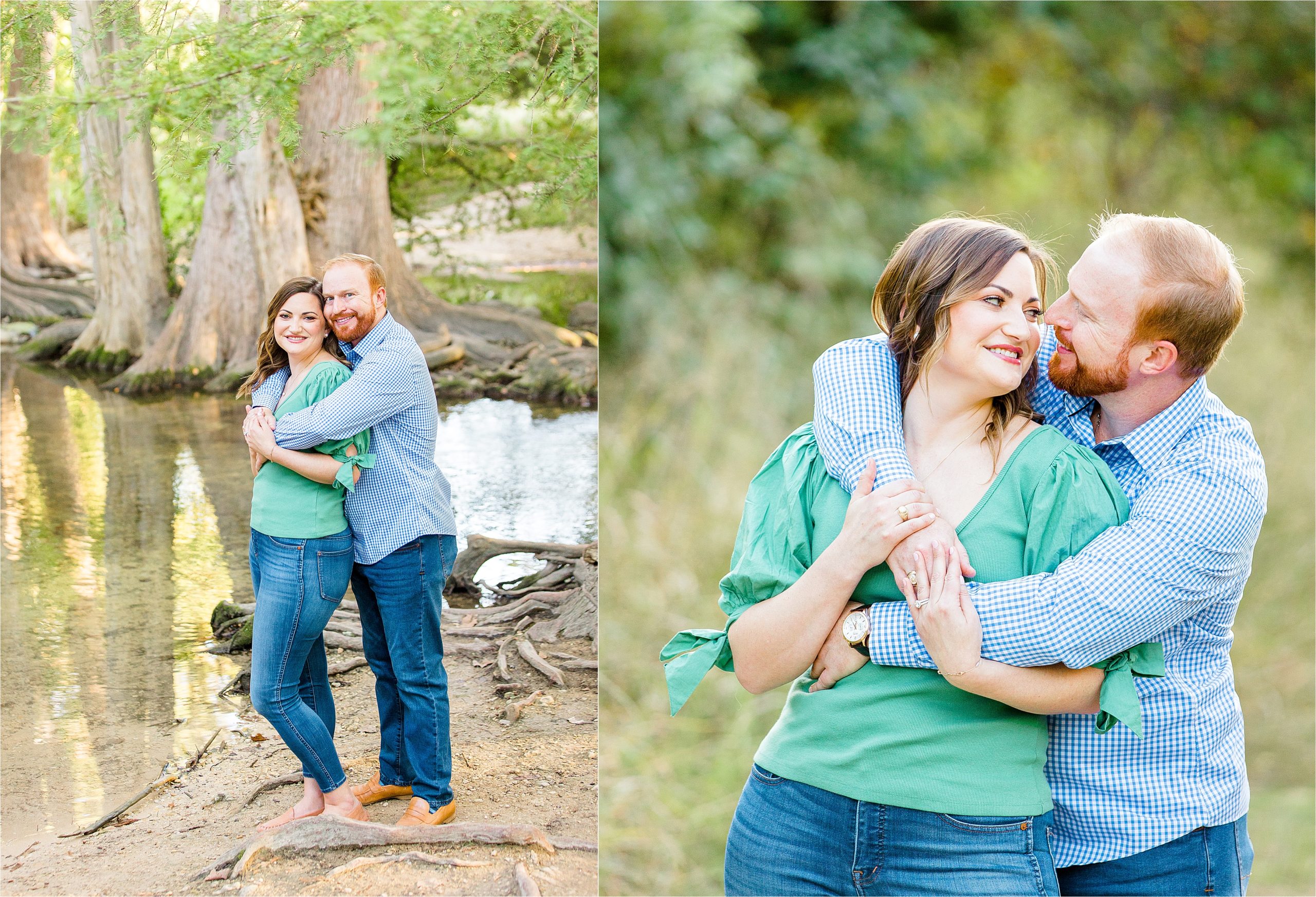 A couple embraces in front of cibolo creek surrounded by large trees at sunset in Boerne, TX during their engagement session with San Antonio Wedding Photographer Jillian Hogan 