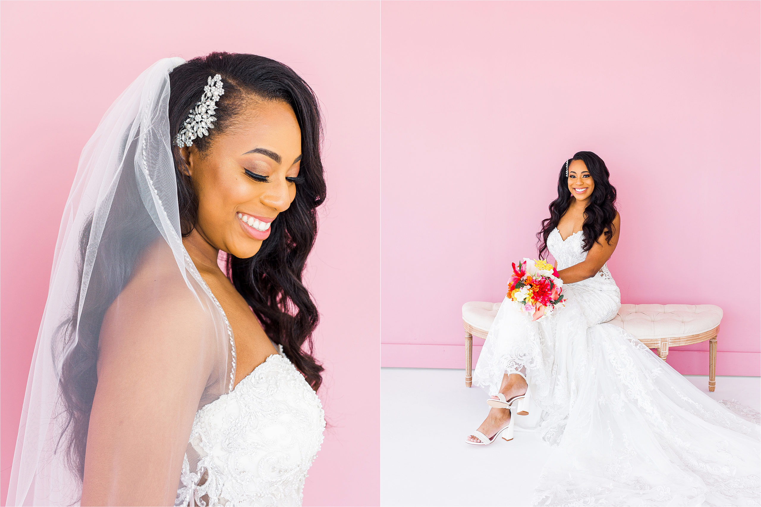 Details of a brides veil and headpiece as she gazes down and sits cross-legged on a bench in front of a bright pink backdrop at her studio bridal session in San Antonio, Texas