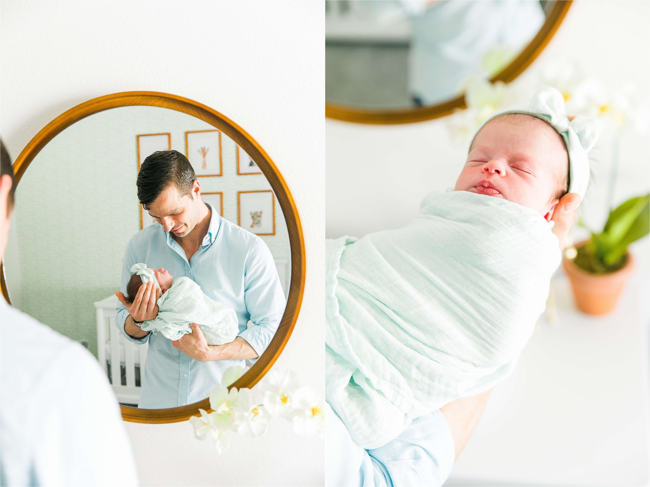 San Antonio In home lifestyle newborn with dad staring at his newborn daughter in the mirror in a mint green nursery during their newborn photo session