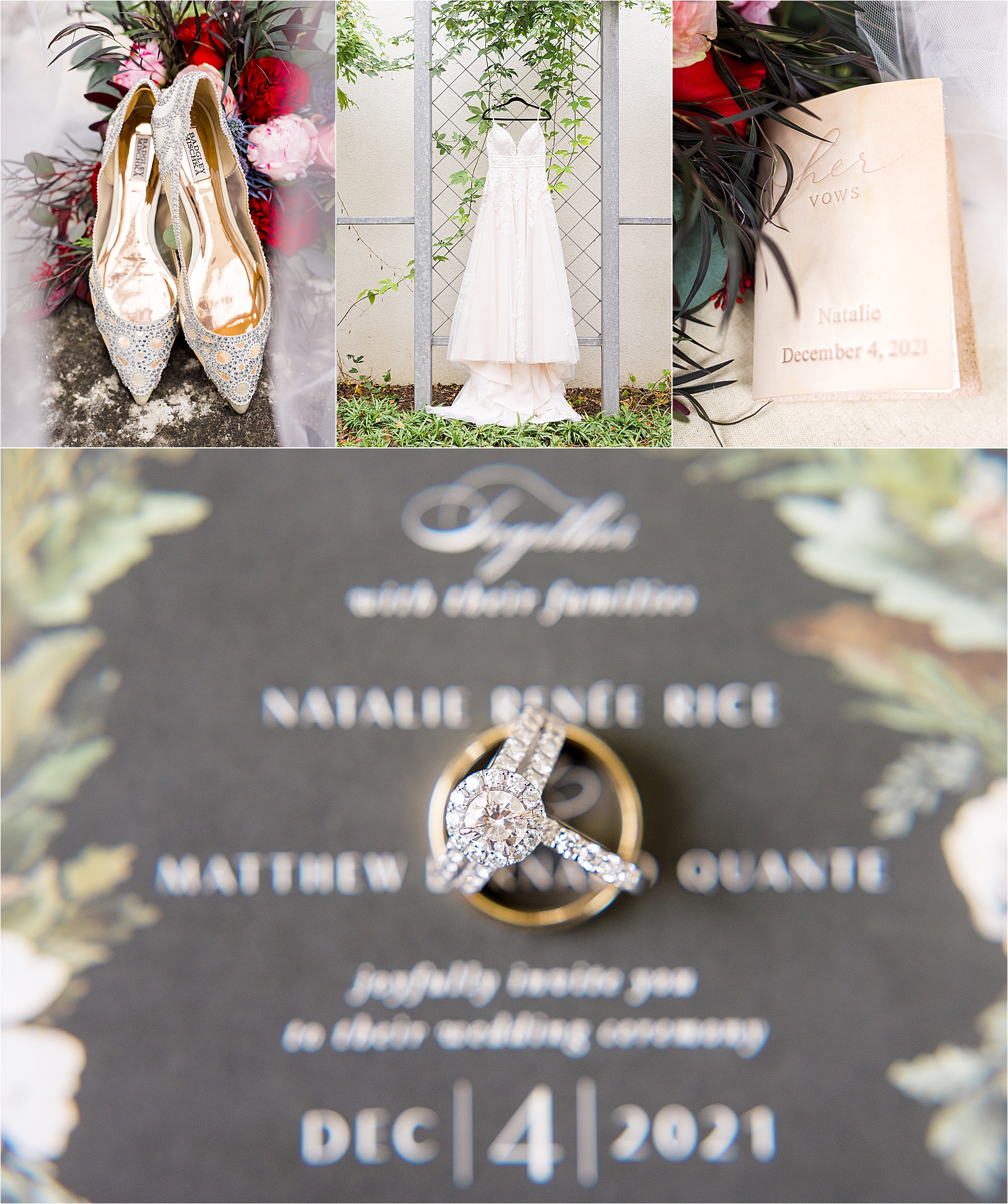 A close up of sparkly wedding flats, a dress hanging in front of vines, a vow book and wedding rings on the invitation for a San Antonio Winter Wedding 