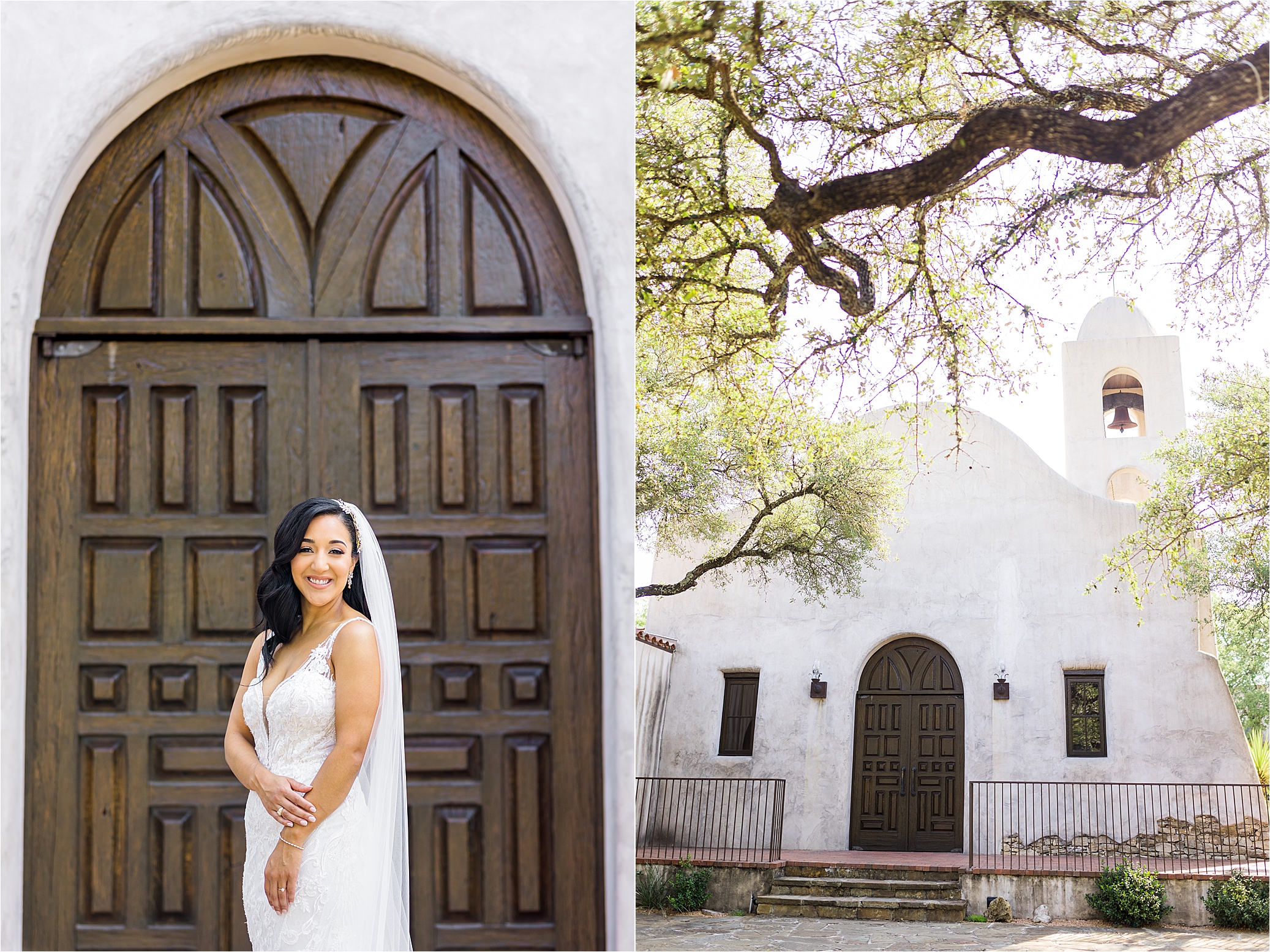 A bride in a white wedding dresses smiles in front of a large brown door during her bridal portraits at a Mission Style Venue with San Antonio Wedding Photographer Jillian Hogan 