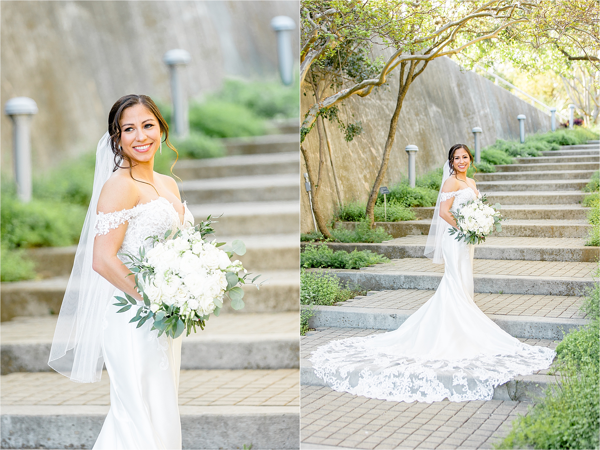 A bride smiles holding her bouquet in front of stairs at San Antonio Botanical Garden